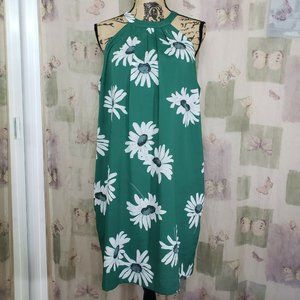 Green floral print sleeveless tie back A-line pleated front dress